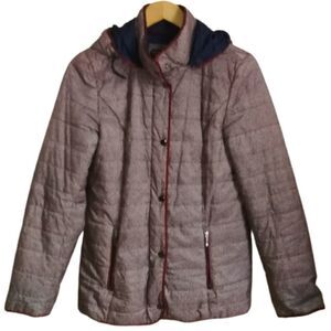 Chillax Herringbone Burgundy & Navy Quilted Zipper Front Hooded Coat Size Small